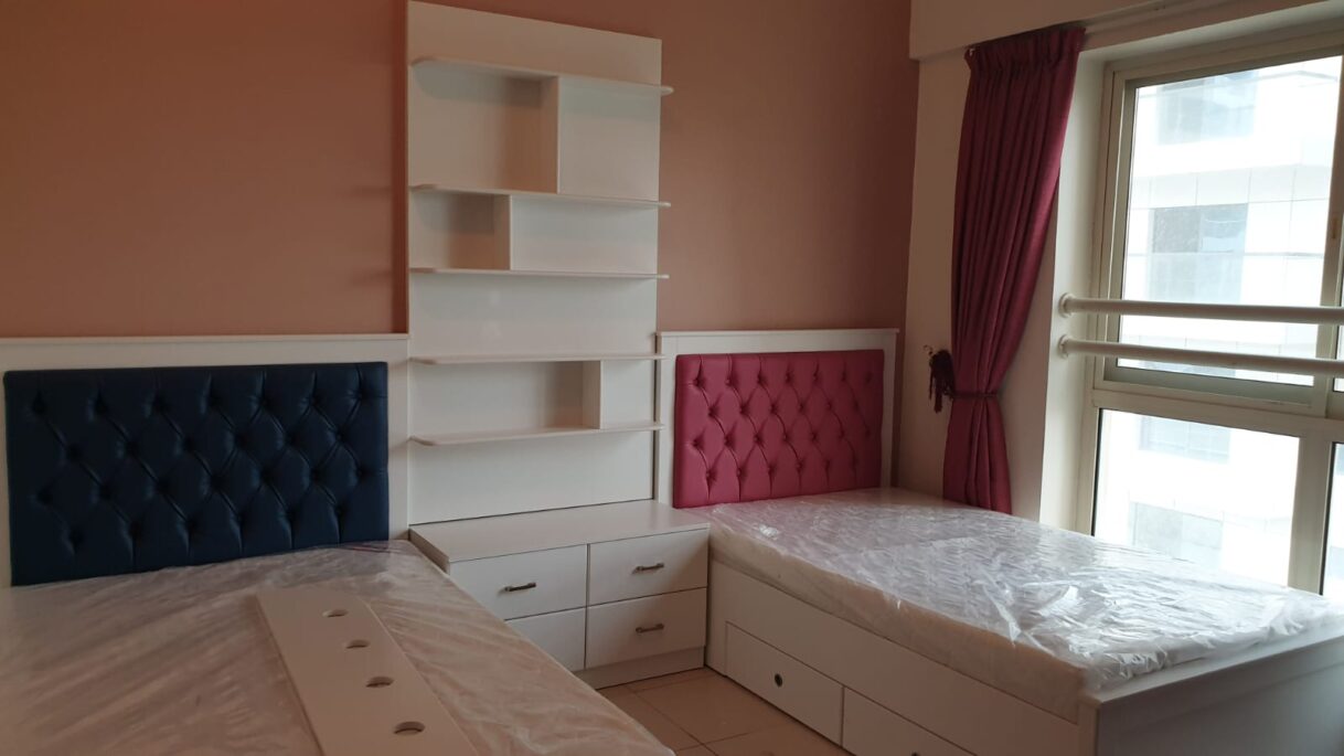Custom Twin Bedroom Set with Tufted Velvet Headboards and Integrated Bookshelf Unit