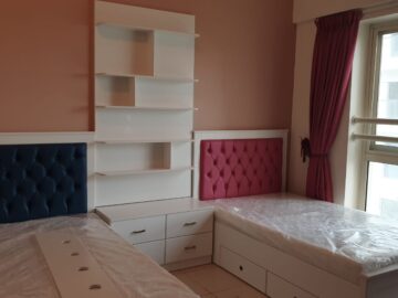 Custom Twin Bedroom Set with Tufted Velvet Headboards and Integrated Bookshelf Unit