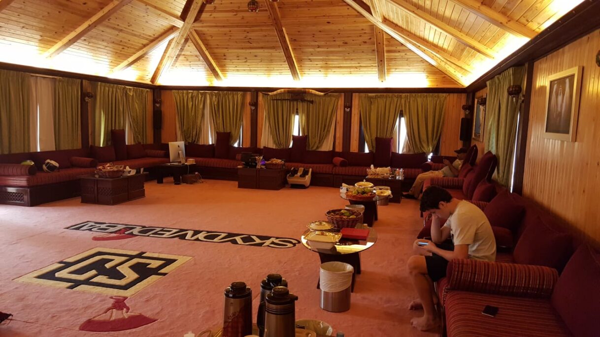 Traditional Arabian Wooden Roof Majlis with Crimson Seating