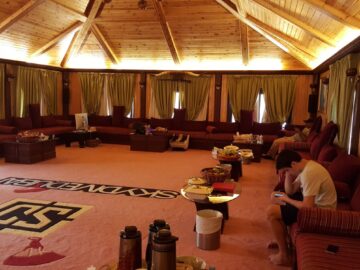 Traditional Arabian Wooden Roof Majlis with Crimson Seating
